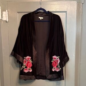 Max Studio Black Velour Kimono with Floral Embroidery Details